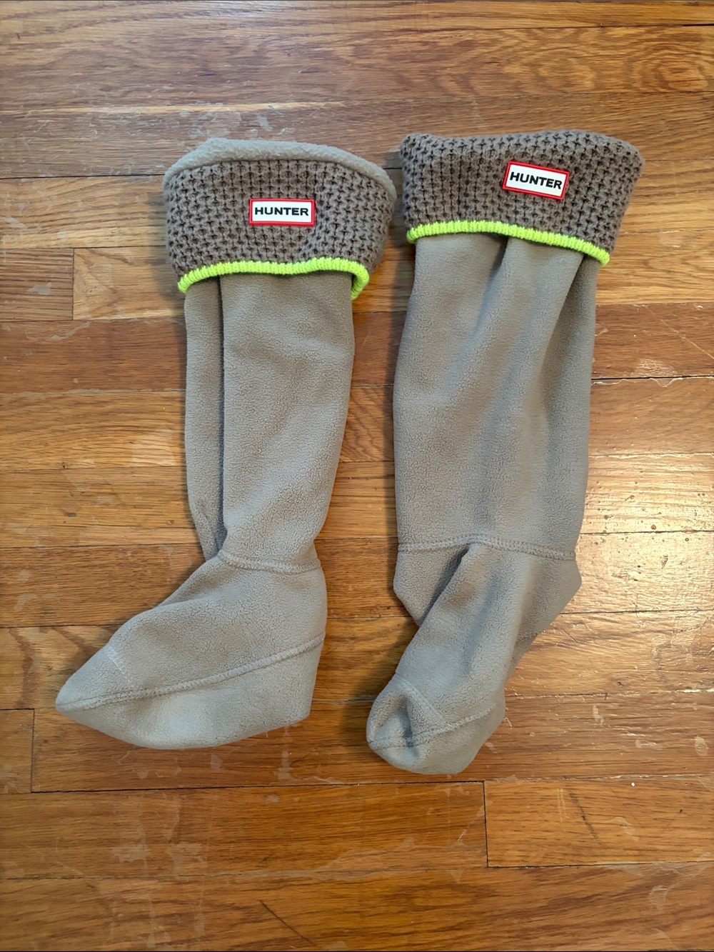Hunter Taupe Fleece Liners with Brown Knit Cuff and Neon Yellow Trim